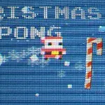 Nápis CHRISTMAS PONG na modrom pozadí s pixelovým obrázkom Santa Clausa a dvoma cukrovými palicami