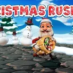 Santa Claus je v pohybe s vrecom darčekov a za ním sú tri snehuliaky pod modrou oblohou s nápisom Christmas Rush
