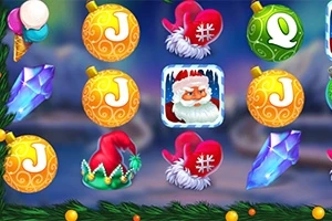Štýlové vianočné symboly vrátane ozdobených gúľ, čiapky Santa Clausa, fialových kryštálov a vianočného zdobeného prostredia