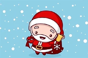 Roztomilý kreslený Santa Claus so žltým zvončekom, oblečený v červenom oblečení, na modrom zasneženom pozadí