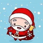 Roztomilý kreslený Santa Claus so žltým zvončekom, oblečený v červenom oblečení, na modrom zasneženom pozadí