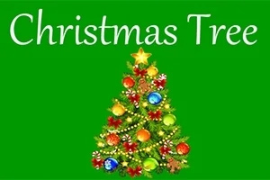 Vianočný stromček ozdobený farebnými guľami a hviezdou na vrchole na zelenom pozadí s nápisom Christmas Tree