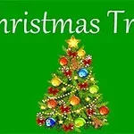 Vianočný stromček ozdobený farebnými guľami a hviezdou na vrchole na zelenom pozadí s nápisom Christmas Tree