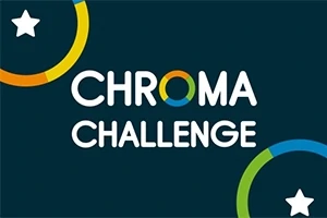 Text „CHROMA CHALLENGE“ na tmavomodrom pozadí s farebnými kruhmi a bielymi hviezdami