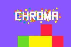 Farebné slovo CHROMA na fialovom pozadí s padajúcimi farebnými štvorčekmi a zoskupenými zelenými, žltými a červenými štvorcami na spodku