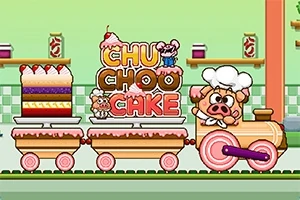 Veselý kreslený vlak s tortou a nápisom CHU CHOO CAKE, vedený prasaťom s kuchárskou čiapkou