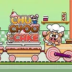 Veselý kreslený vlak s tortou a nápisom CHU CHOO CAKE, vedený prasaťom s kuchárskou čiapkou