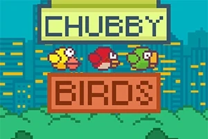 Trojica kreslených vtákov v pestrých farbách na pozadí pixelového mesta s nápisom Chubby Birds