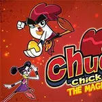 Kreslená postavička kura s magickým zlatým vajcom, okolo nej farebné animované postavy a nápis Chuck Chicken The Magic Egg na červenom pozadí