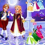 Princ a princezná tancujú na parkete obklopení rôznymi pestrofarebnými odevmi