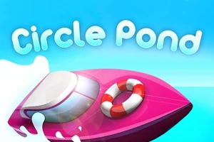 Ružový čln s kolesom na vode a modrou oblohou v pozadí s textom Circle Pond