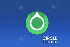 Zelený kruh s bielym symbolom šípky na modrom pozadí s bublinami a textom Circle Shooter