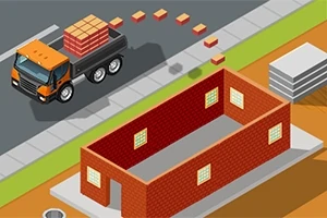 Stavenisko s tehlovou budovou v procese výstavby, nákladné auto s tehlami zaparkované vedľa