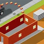 Stavenisko s tehlovou budovou v procese výstavby, nákladné auto s tehlami zaparkované vedľa