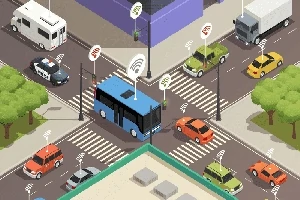 Zaľudnená mestská križovatka so semaformi, autami a autobusom vybavenými bezdrôtovými signálmi