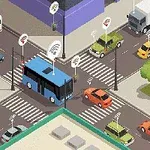 Zaľudnená mestská križovatka so semaformi, autami a autobusom vybavenými bezdrôtovými signálmi