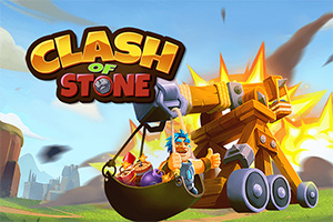 Kreslená scenéria so stredovekým katapultom, farebnými postavami v košíku a veľkým nápisom Clash of Stone