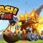 Kreslená scenéria so stredovekým katapultom, farebnými postavami v košíku a veľkým nápisom Clash of Stone