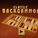 Drevená hracia doska s rozloženými žetónmi a kockami, nad ktorou je nápis Classic Backgammon na hnedo-červenom pozadí