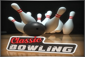 Bowlingová guľa zráža kolky na bowlingovej dráhe s nápisom „Classic Bowling“