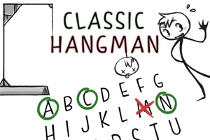 Čiernobiela kresba obeseného panáčika so zvýrazneným nápisom Classic Hangman a abecedou, s niektorými písmenami zakrúžkovanými alebo preškrtnutými