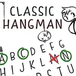 Čiernobiela kresba obeseného panáčika so zvýrazneným nápisom Classic Hangman a abecedou, s niektorými písmenami zakrúžkovanými alebo preškrtnutými
