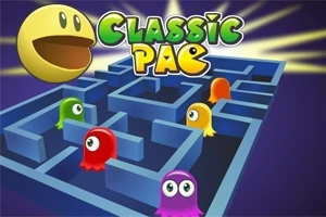 Žltý kruh s otvorenými ústami nad modrým bludiskom so štyrmi farebnými duchmi a nápisom Classic Pac