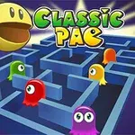 Žltý kruh s otvorenými ústami nad modrým bludiskom so štyrmi farebnými duchmi a nápisom Classic Pac