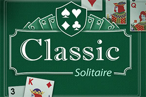Ikonické zelené pozadie s názvom Classic Solitaire a kartami v rohoch