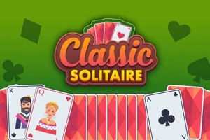 Karty s grafikou kráľa, kráľovnej a symbolom trefu na zelenom pozadí s nápisom Classic Solitaire