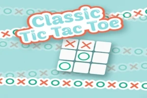 Nápis Classic Tic Tac Toe s hernou mriežkou obsahujúcou symboly X a O na modrom pozadí