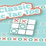Nápis Classic Tic Tac Toe s hernou mriežkou obsahujúcou symboly X a O na modrom pozadí