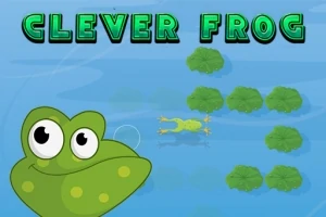 Zelená žaba pláva cez rybník s leknami, s nápisom Clever Frog hore