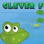 Zelená žaba pláva cez rybník s leknami, s nápisom Clever Frog hore
