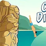 Potápač skáče z útesu do vody s nápisom Cliff Diving v pozadí