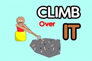 Muž s kladivom v kotlíku šplhá na veľký kameň s textom CLIMB Over IT