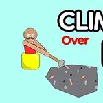 Muž s kladivom v kotlíku šplhá na veľký kameň s textom CLIMB Over IT