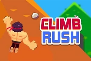 Muž s červenou čelenkou lezie po skale vedľa nápisu CLIMB RUSH