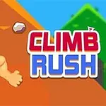 Muž s červenou čelenkou lezie po skale vedľa nápisu CLIMB RUSH