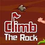 Muž s oranžovými vlasmi v žltej košeli lezie po hnedých skalách s textom Climb The Rock naľavo
