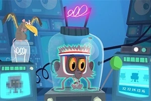 Opica s čelenkou je v sklenenej nádobe obklopená elektronickými prístrojmi a vedľa nej je vták s dlhým zobákom