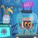Opica s čelenkou je v sklenenej nádobe obklopená elektronickými prístrojmi a vedľa nej je vták s dlhým zobákom