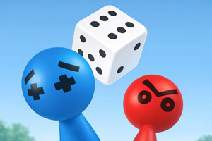 Dve farebné postavičky, modrá a červená, s jednoduchými tvárami pod bielou hracou kockou s čiernymi bodkami na modrom pozadí