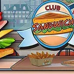 Ilustrácia sendviča s viacerými vrstvami vedľa loga s názvom Club Sandwich v prostredí reštaurácie