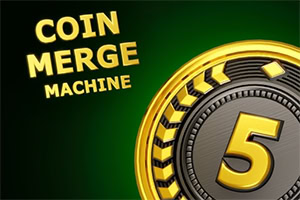Zlatý žetón s číslom 5 na zelenom pozadí a nápisom „COIN MERGE MACHINE