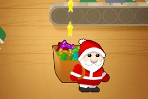 Santa Claus stojí pred vianočným vrecom plným darčekov na pozadí drevenej steny s dopravníkom