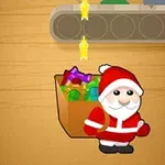 Santa Claus stojí pred vianočným vrecom plným darčekov na pozadí drevenej steny s dopravníkom