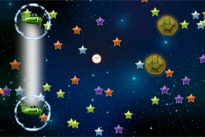 Dva zelené tanky obalené v bublinách v vesmírnom prostredí obklopené farebnými hviezdičkami a asteroidmi