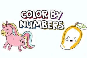 Ružový jednorožec a veselý žltý ovocný objekt pod textom Color by Numbers