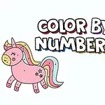 Ružový jednorožec a veselý žltý ovocný objekt pod textom Color by Numbers